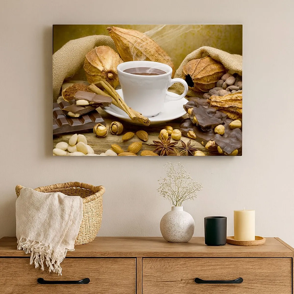 Impression sur toile - Image sur toile - Une tasse de chocolat chaud entourée de cacao et de cannelle - 70x50cm - Pour les amateurs de sensations fortes - Décoration murale moderne pour le salon et la chambre ARTTOR