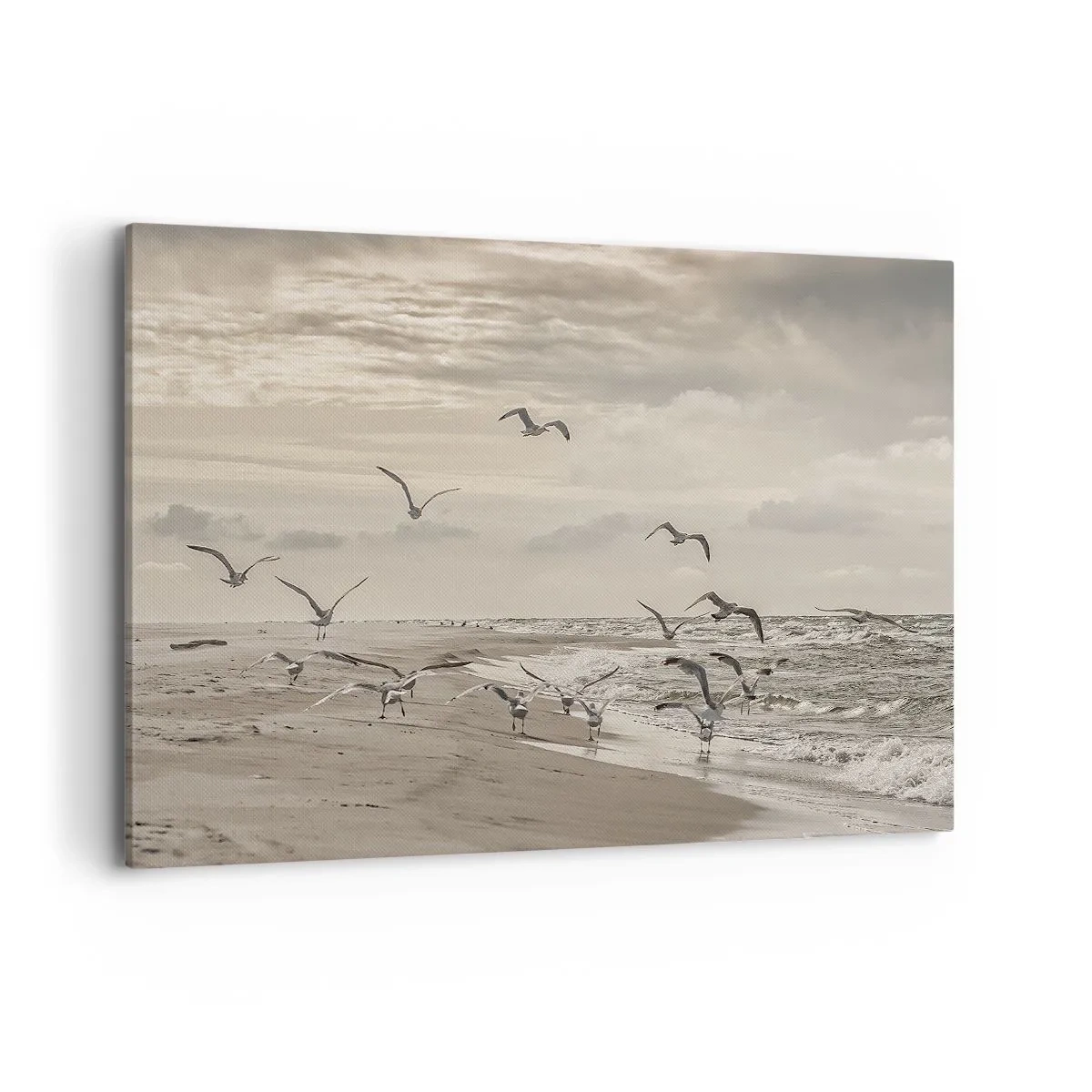 Impression sur toile - Image sur toile - Une mouette en vol au-dessus d'un paysage balnéaire - 120x80cm - Le bruit de la mer, le chant des oiseaux - Décoration murale moderne pour le salon et la chambre ARTTOR