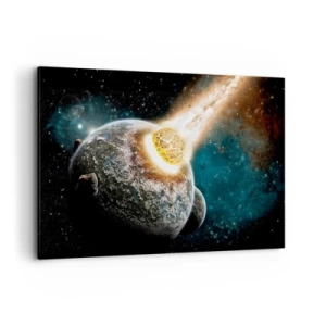 Impression sur toile - Image sur toile - Collision cosmique d'une planète avec un astéroïde à proximité de la galaxie. - 120x80cm - Destruction ou naissance? - Décoration murale moderne pour le salon et la chambre ARTTOR