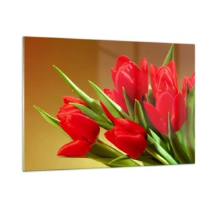 Impression sur verre - Image sur verre - Un bouquet de tulipes rouges sur fond doré - 120x80cm - Amas de joie printanière - Décoration murale moderne pour le salon et la chambre ARTTOR