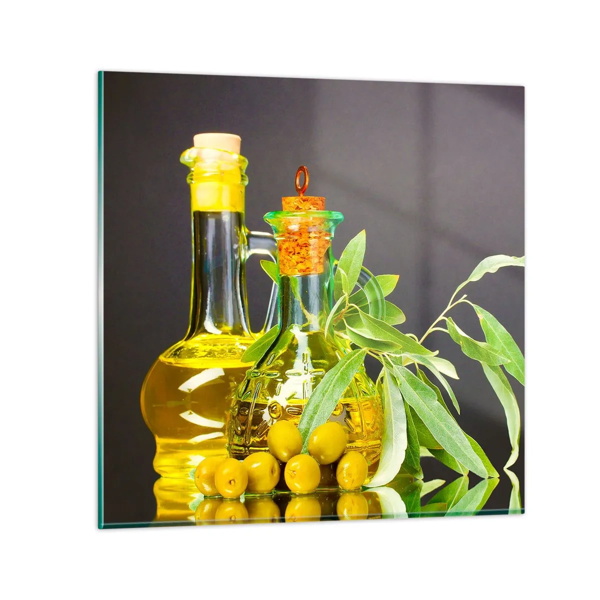 Impression sur verre - Image sur verre - Nature morte aux olives et à l'huile d'olive - 30x30 cm