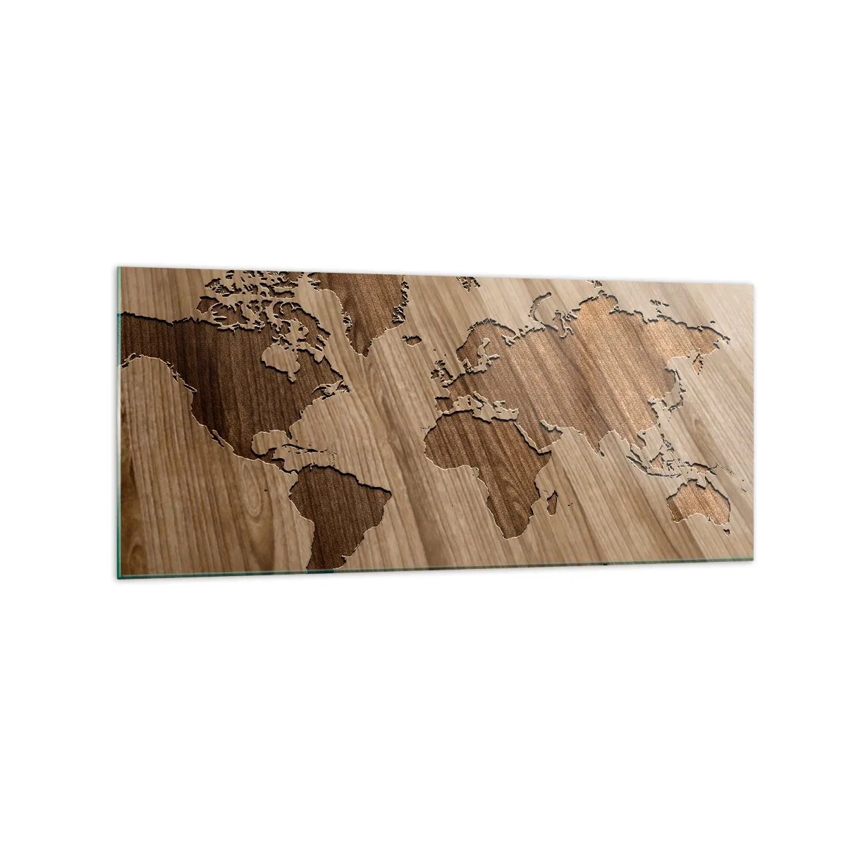 Impression sur verre - Image sur verre - Une carte du monde découpée sur une surface en bois - 120x50cm - Le monde est sur la table - Décoration murale moderne pour le salon et la chambre ARTTOR
