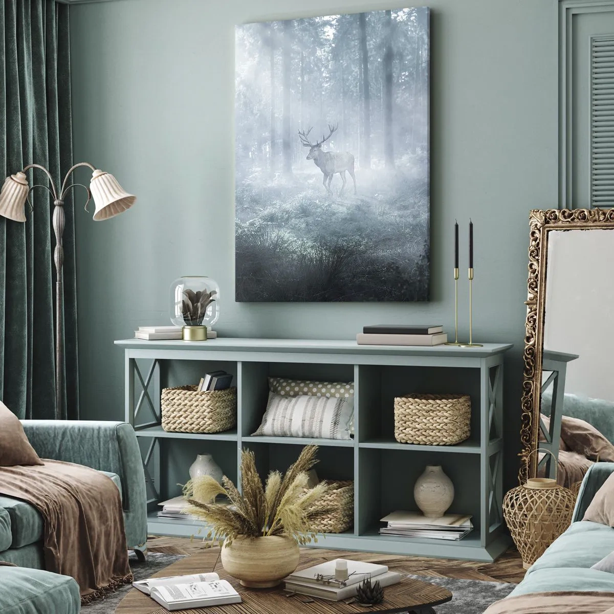 Impression sur toile - Image sur toile - Un cerf dans une forêt dense enveloppée de brume matinale - 80x120cm - Visite matinale du domaine - Décoration murale moderne pour le salon et la chambre ARTTOR