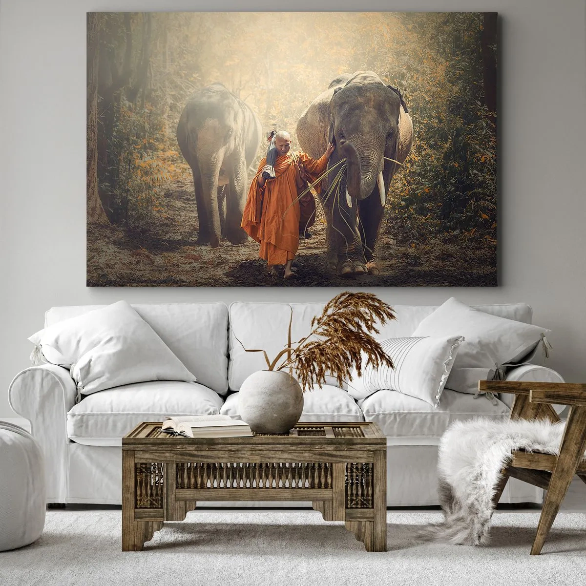 Impression sur toile - Image sur toile - Un moine en robe orange conduit un éléphant dans la forêt. - 70x50cm - Compréhension totale - Décoration murale moderne pour le salon et la chambre ARTTOR