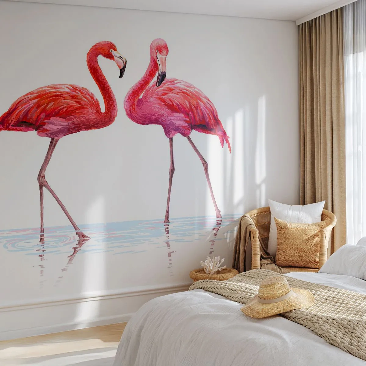 Papier Peint Photo Premium Sand - Deux flamants roses debout dans l'eau - 100x70cm - Rendez-vous rose - Décoration murale moderne pour le salon et la chambre ARTTOR