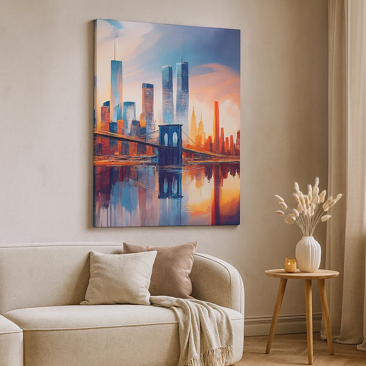Impression sur toile - Image sur toile - Panorama de la ville de New York avec pont et reflet dans l'eau - 50x70cm - New York onirique - Décoration murale moderne pour le salon et la chambre ARTTOR