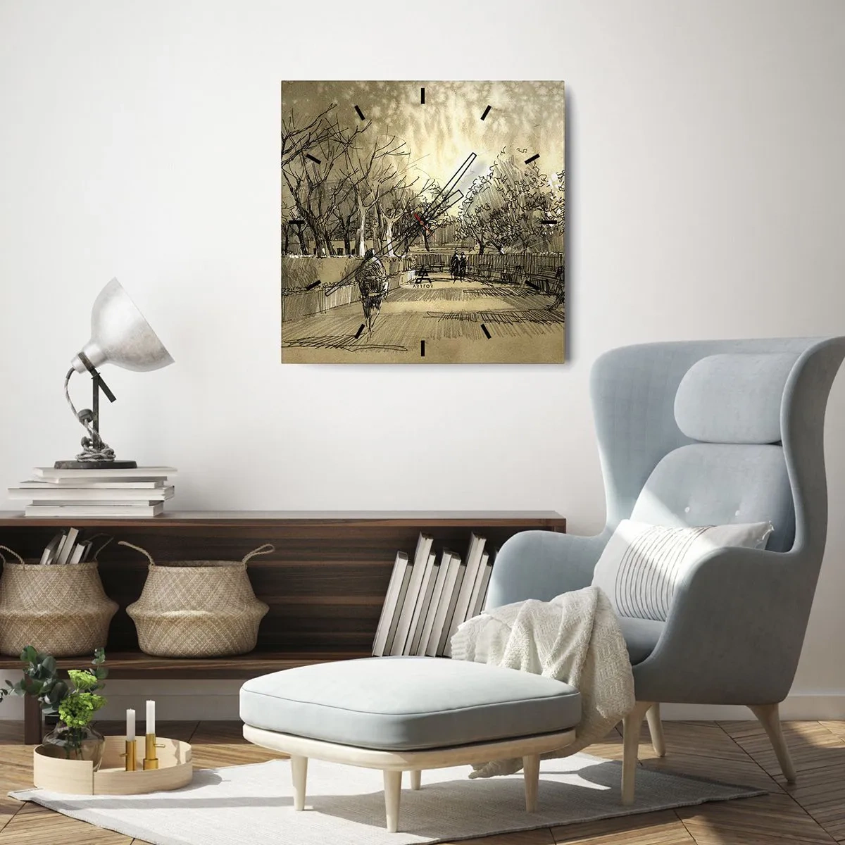 Horloge murale - Pendule murale - Une scène de dessin animé d'un parc avec des gens marchant dans des tons chauds. - 30x30cm - Un moment arrêté avec une plume - Décoration murale moderne pour le salon et la chambre ARTTOR