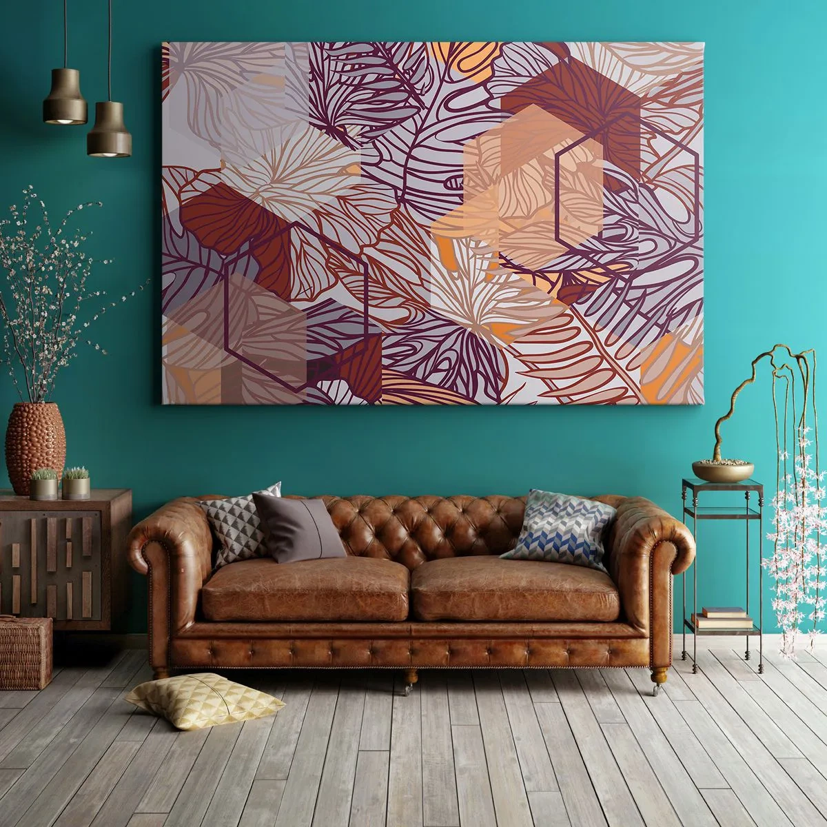 Impression sur toile - Image sur toile - Un motif décoratif de feuilles tropicales dans des tons de violet, d'orange et de beige. - 100x70cm - Relation impossible entre la géométrie et la nature - Décoration murale moderne pour le salon et la chambre ARTT