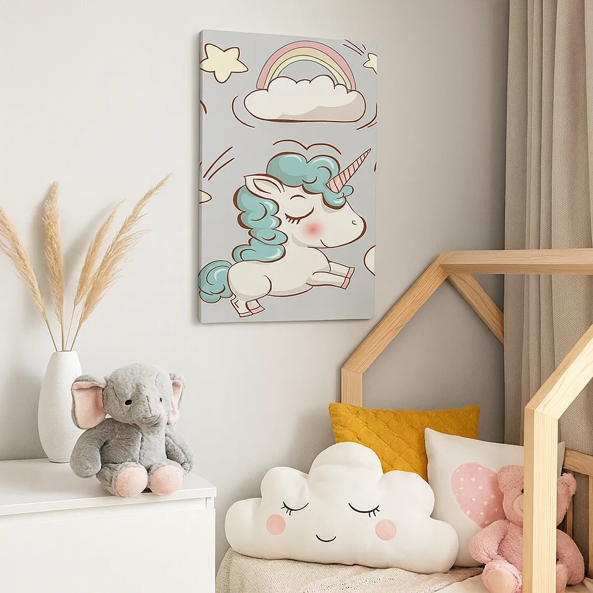 Impression sur toile - Image sur toile - Licornes mignonnes sur fond pastel - 50x70cm - Ils existe, c'est sûr… - Décoration murale moderne pour le salon et la chambre ARTTOR