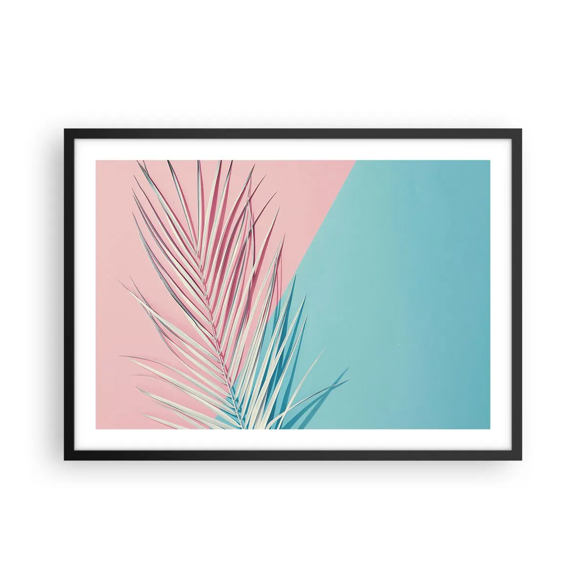 Affiche dans un cadre noir - Poster - Feuille tropicale sur un fond de tons pastel de rose et de bleu - 70x50cm - Impression tropicale - Décoration murale moderne pour le salon et la chambre ARTTOR