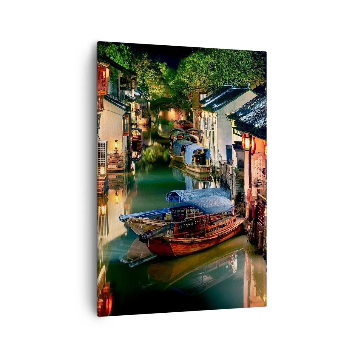 Impression sur toile - Image sur toile - Vue nocturne des canaux avec bateaux et maisons traditionnels - 70x100cm - Soirée dans une rue chinoise - Décoration murale moderne pour le salon et la chambre ARTTOR