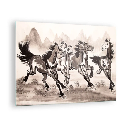 Impression sur verre - Image sur verre - Un groupe de chevaux au galop à la chinoise - 70x50cm - Dans un joyeux galop - Décoration murale moderne pour le salon et la chambre ARTTOR