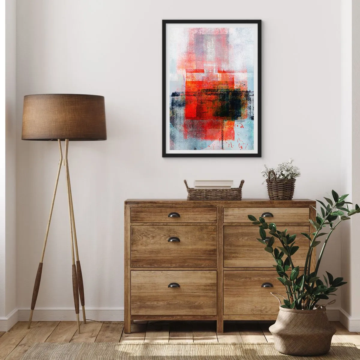 Affiche dans un cadre noir - Poster - Abstraction géométrique dans des tons intenses de rouge - 50x70cm - Composition embrasée - Décoration murale moderne pour le salon et la chambre ARTTOR