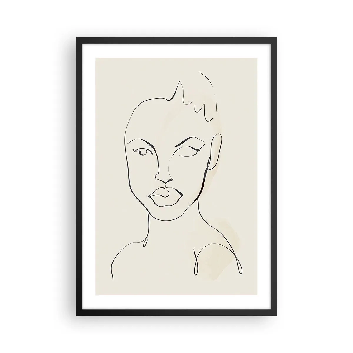 Affiche dans un cadre noir - Poster - Portrait de visage abstrait au trait - 50x70cm - Esquisse de la sensualité - Décoration murale moderne pour le salon et la chambre ARTTOR