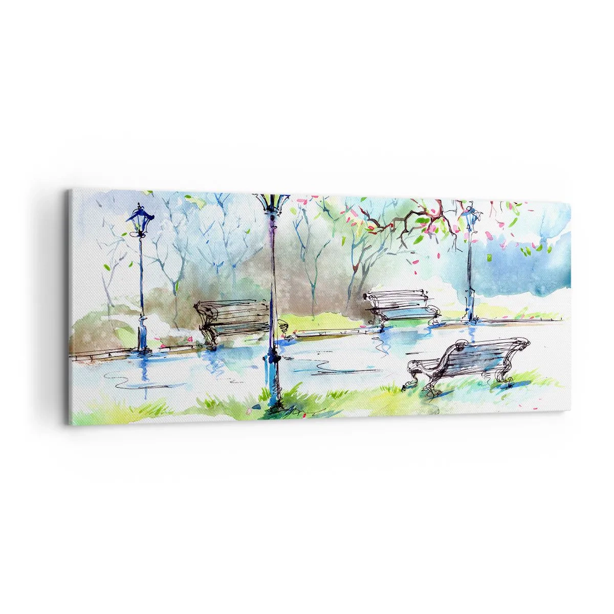 Impression sur toile - Image sur toile - Scène de parc à l'aquarelle avec bancs et lampes - 120x50cm - Le charme du silence d'un parc - Décoration murale moderne pour le salon et la chambre ARTTOR