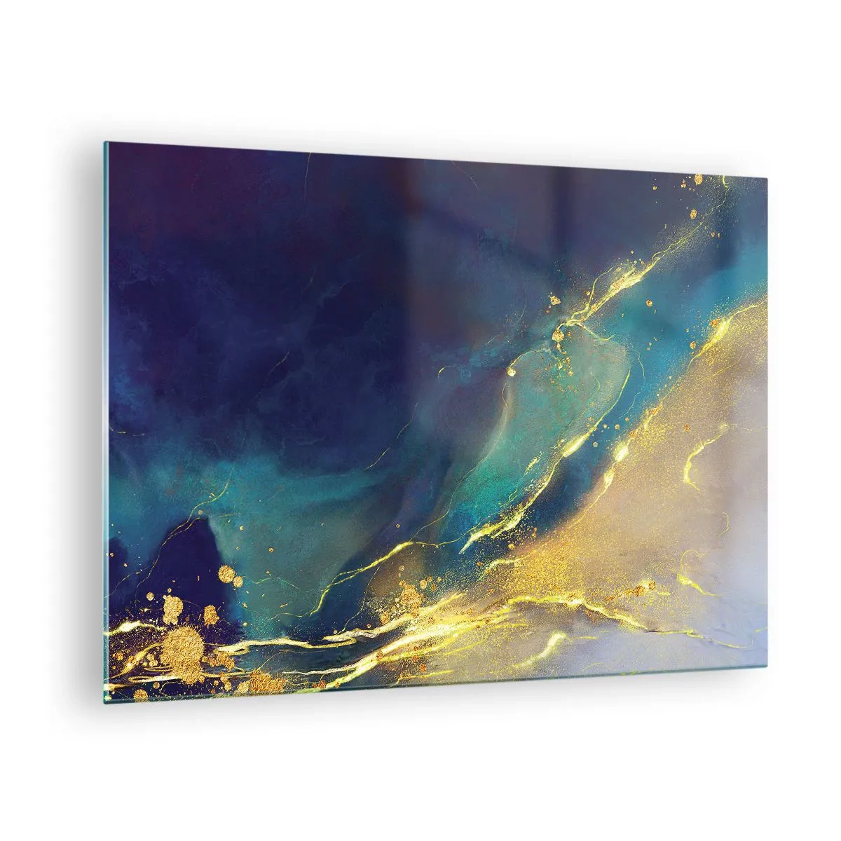 Impression sur verre - Image sur verre - Une composition abstraite dans les tons bleu marine, turquoise et or - 70x50cm - Coulée d'or - Décoration murale moderne pour le salon et la chambre ARTTOR