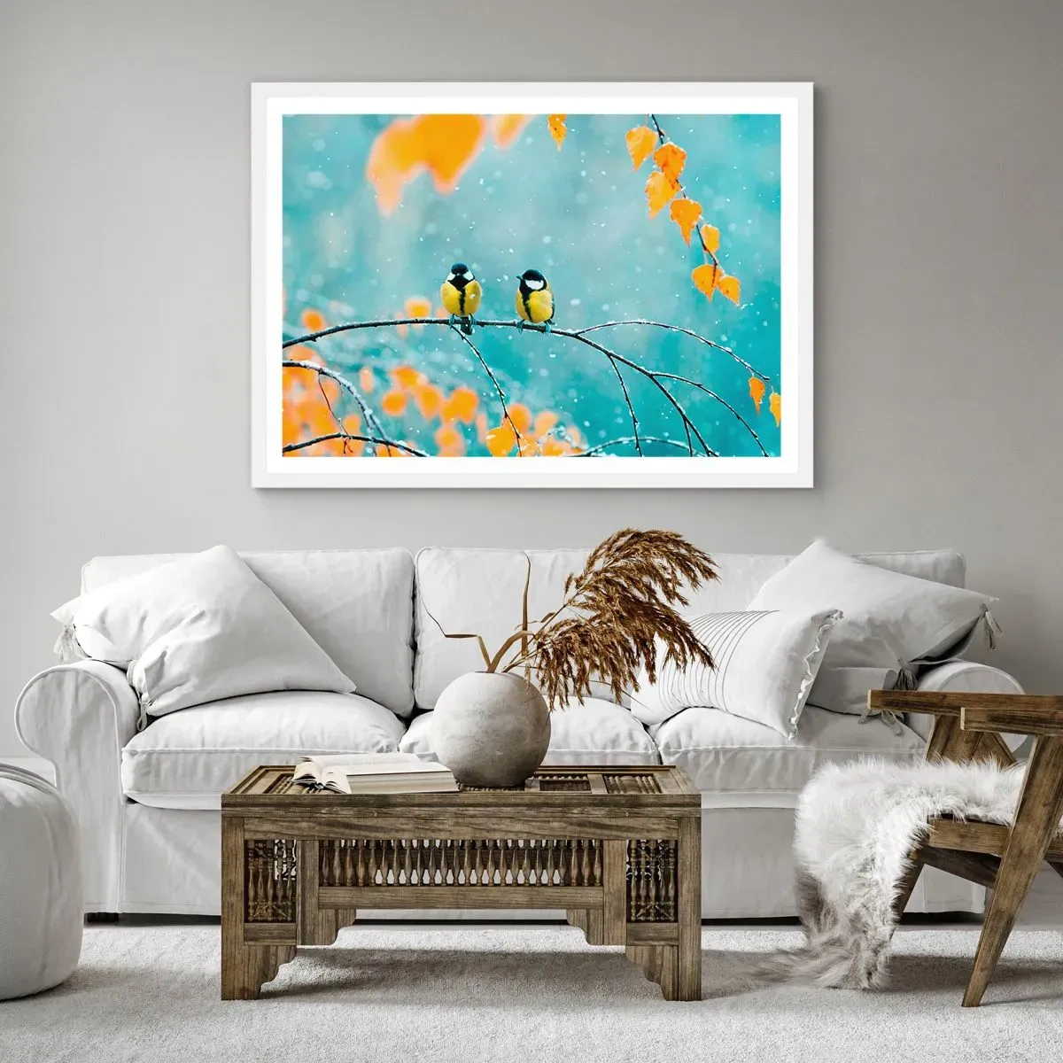Affiche dans un cadre blanc - Poster - Potins d'oiseaux - 100x70 cm