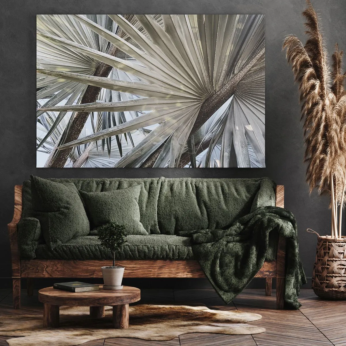 Impression sur toile - Image sur toile - Gros plan de feuilles de palmier dans des tons naturels de vert - 120x80cm - Evantail sous les tropiques - Décoration murale moderne pour le salon et la chambre ARTTOR