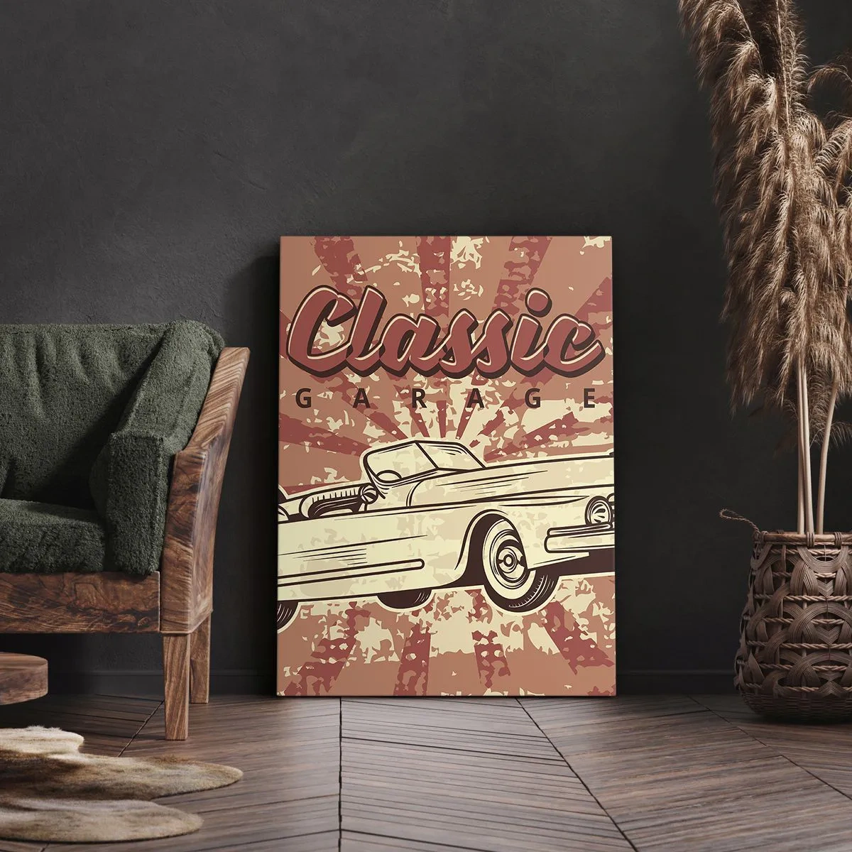 Impression sur toile - Image sur toile - Affiche rétro avec une voiture classique et les mots Classic Garage - 70x100cm - Et à la radio, Elvis - Décoration murale moderne pour le salon et la chambre ARTTOR