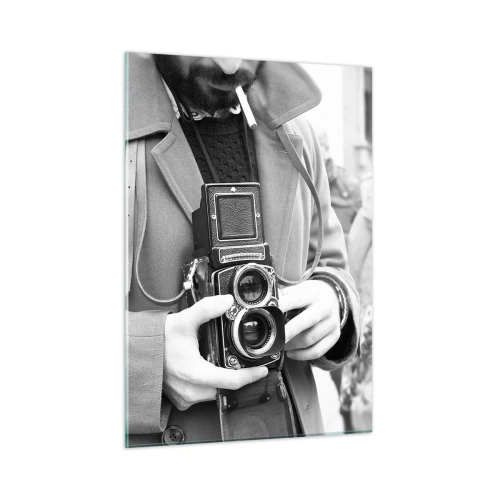 Impression sur verre - Image sur verre - Photo en noir et blanc d'un homme avec un appareil photo analogique - 50x70cm - Dans un style rétro - Décoration murale moderne pour le salon et la chambre ARTTOR