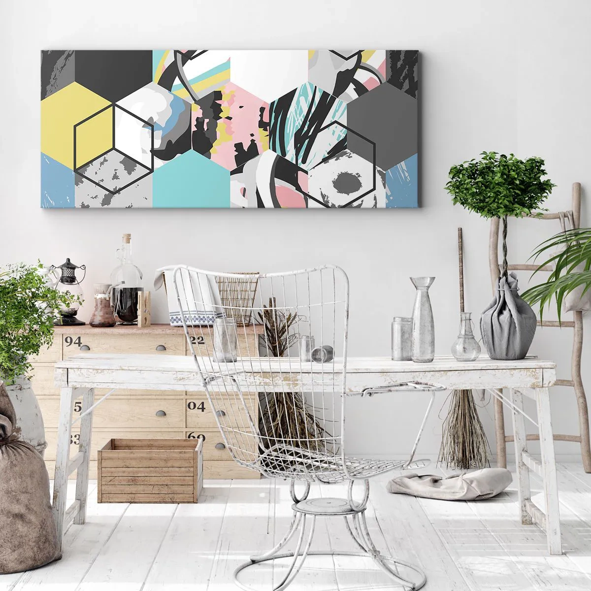 Impression sur toile - Image sur toile - Hexagones et cubes en six couleurs - 100x40 cm