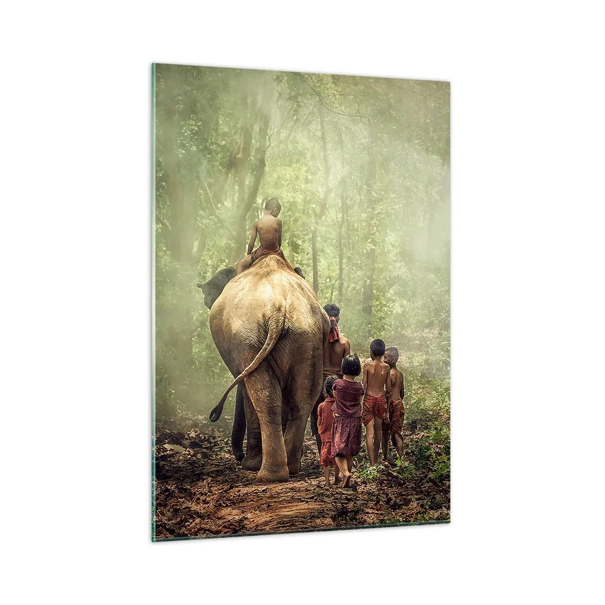 Impression sur verre - Image sur verre - Un éléphant dans la forêt avec des enfants en costumes traditionnels - 50x70cm - Nouveau livre de la jungle - Décoration murale moderne pour le salon et la chambre ARTTOR