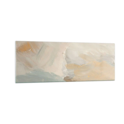 Impression sur verre - Image sur verre - Traits abstraits délicats dans des tons de blanc et d'or - 140x50cm - Abstraction – le pays de la douceur - Décoration murale moderne pour le salon et la chambre ARTTOR