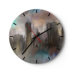 Horloge murale - Pendule murale - Une image abstraite d'une ville avec des gratte-ciel dans un décor brumeux. - 30x30cm - Une composition d'acier, de pierre et de brouillard - Décoration murale moderne pour le salon, la cuisine et la chambre ARTTOR