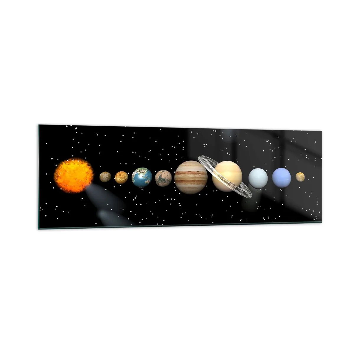 Impression sur verre - Image sur verre - Le système solaire avec des planètes sur fond d'étoiles dans l'espace - 160x50cm - Et les planètes sont folles, sont folles... - Décoration murale moderne pour le salon et la chambre ARTTOR