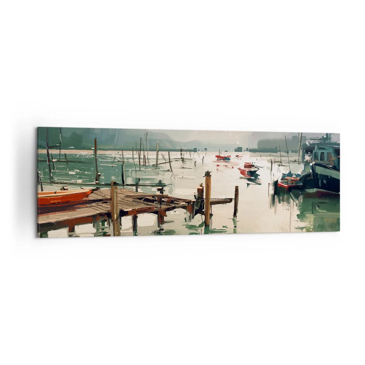 Impression sur toile - Image sur toile - Un port pittoresque avec des bateaux sur une eau calme - 160x50cm - Trempé dans une lune en fusion - Décoration murale moderne pour le salon et la chambre ARTTOR