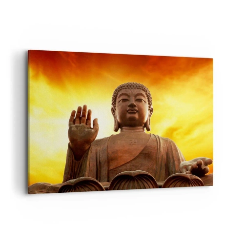Impression sur toile - Image sur toile - Une statue de Bouddha contre un ciel de coucher de soleil doré - 100x70cm - La paix du monde - Décoration murale moderne pour le salon et la chambre ARTTOR