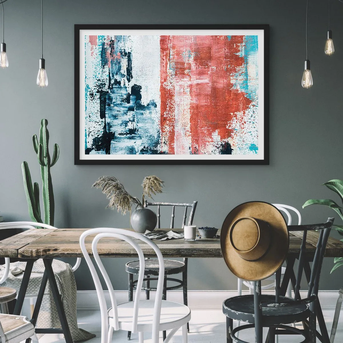 Affiche dans un cadre noir - Poster - Abstraction aux couleurs blanc, bleu et brique - 100x70cm - Moitié-moitié abstrait - Décoration murale moderne pour le salon et la chambre ARTTOR