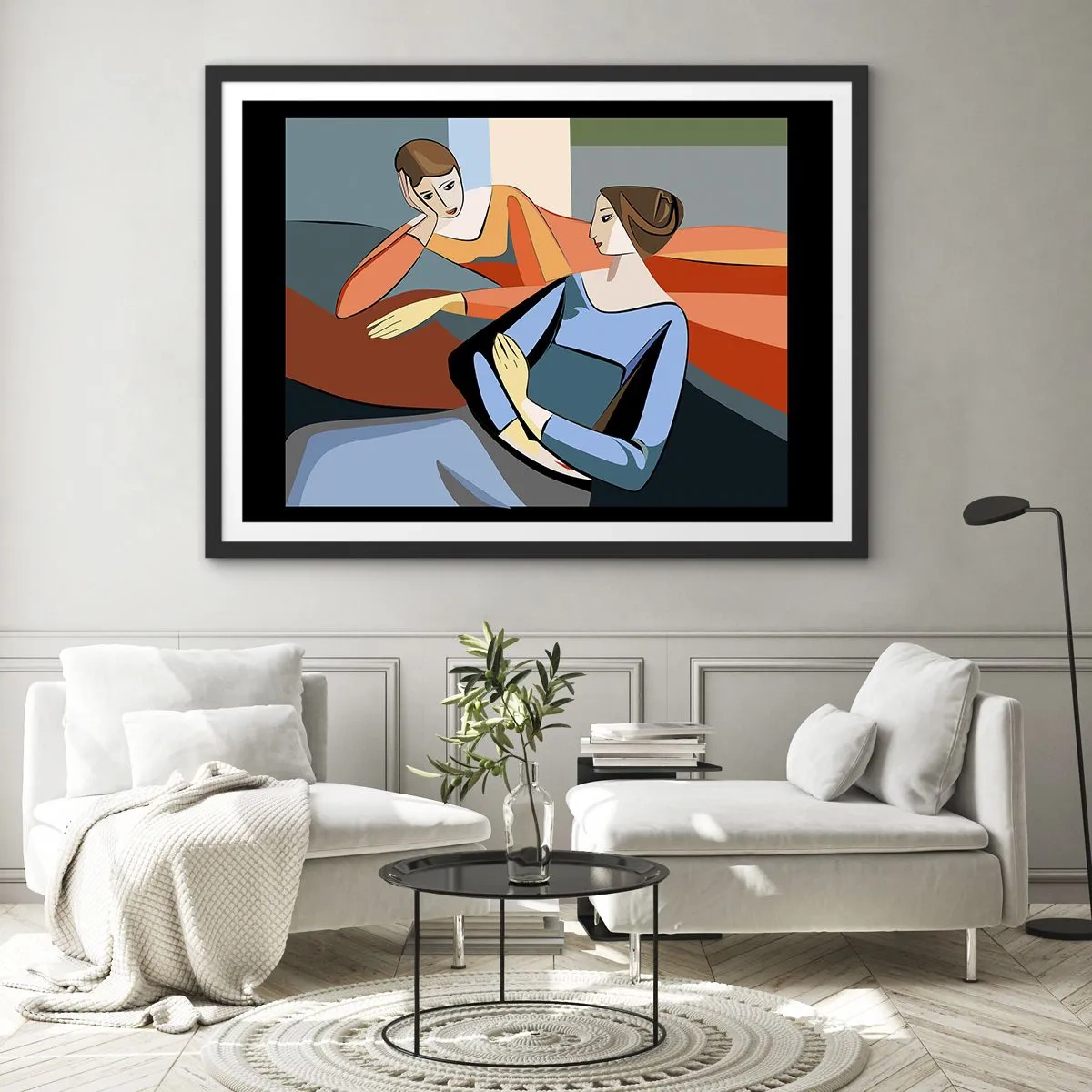 Affiche dans un cadre noir - Poster - Illustration abstraite de deux femmes dans le style cubiste - 70x50cm - Un moment de confiance - Décoration murale moderne pour le salon et la chambre ARTTOR