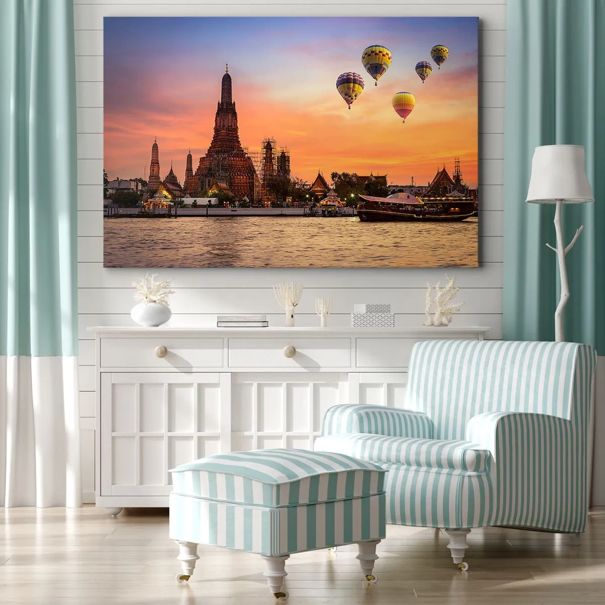 Impression sur toile - Image sur toile - Un temple et des ballons sur fond de soleil couchant sur la rivière - 120x80cm - C'est ici que naissent les contes de fées - Décoration murale moderne pour le salon et la chambre ARTTOR