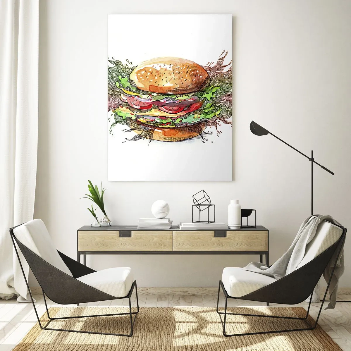 Impression sur verre - Image sur verre - Illustration artistique d'un burger avec des éléments dynamiques - 70x100cm - Tentation chaude - Décoration murale moderne pour le salon et la chambre ARTTOR