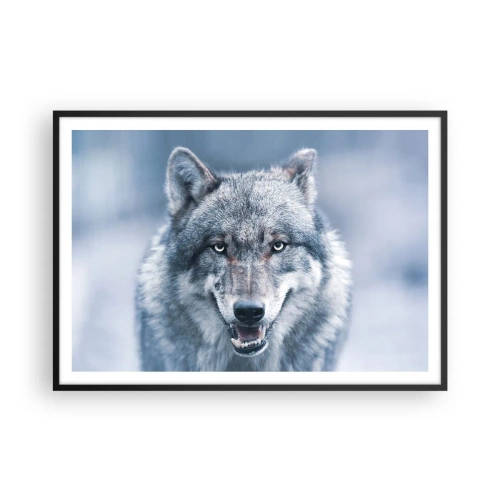Affiche dans un cadre noir - Poster - Un loup au regard intense dans un paysage hivernal - 100x70cm - Relèverez-vous le défi ? - Décoration murale moderne pour le salon et la chambre ARTTOR
