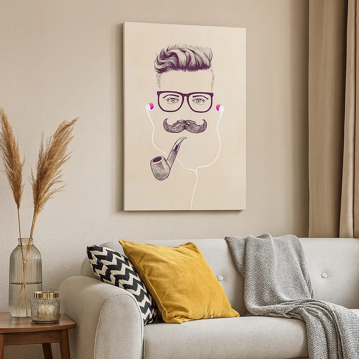 Impression sur toile - Image sur toile - Portrait rétro d'un homme avec une pipe, des écouteurs et des lunettes - 50x70cm - Un vrai homme? - Décoration murale moderne pour le salon et la chambre ARTTOR