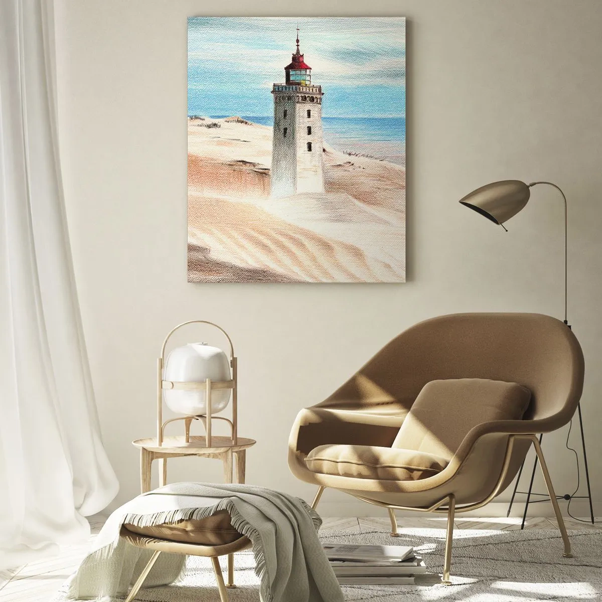 Impression sur verre - Image sur verre - Un phare entouré de dunes de sable et d'un ciel bleu - 70x100cm - Toujours regarder la mer - Décoration murale moderne pour le salon et la chambre ARTTOR