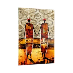 Impression sur verre - Image sur verre - Deux figures abstraites sur un fond d'ornement et de nuances dorées - 50x70cm - Composition ethnique aux couleurs de l'Afrique - Décoration murale moderne pour le salon et la chambre ARTTOR