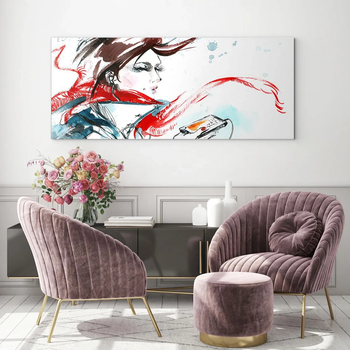Impression sur verre - Image sur verre - Une femme portant un foulard rouge avec des traits d'aquarelle dynamiques - 120x50cm - Quelque chose se passe en moi - Décoration murale moderne pour le salon et la chambre ARTTOR