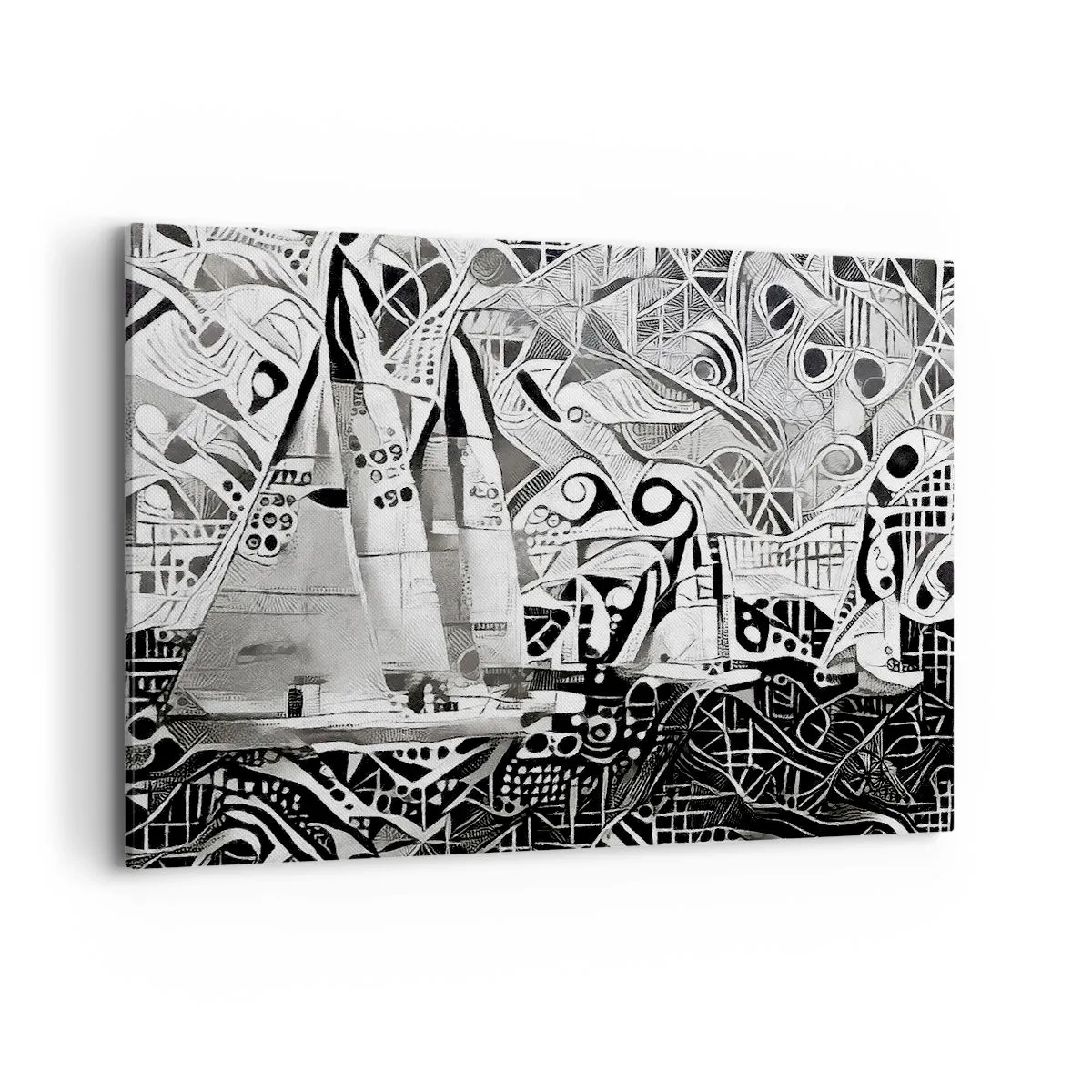 Impression sur toile - Image sur toile - Voiliers abstraits dans une composition monochrome - 120x80cm - Entre les vagues - Décoration murale moderne pour le salon et la chambre ARTTOR