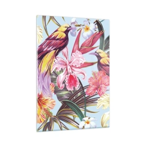 Impression sur verre - Image sur verre - Oiseaux et fleurs exotiques sur fond clair - 50x70cm - Pétales et plumes - Décoration murale moderne pour le salon et la chambre ARTTOR