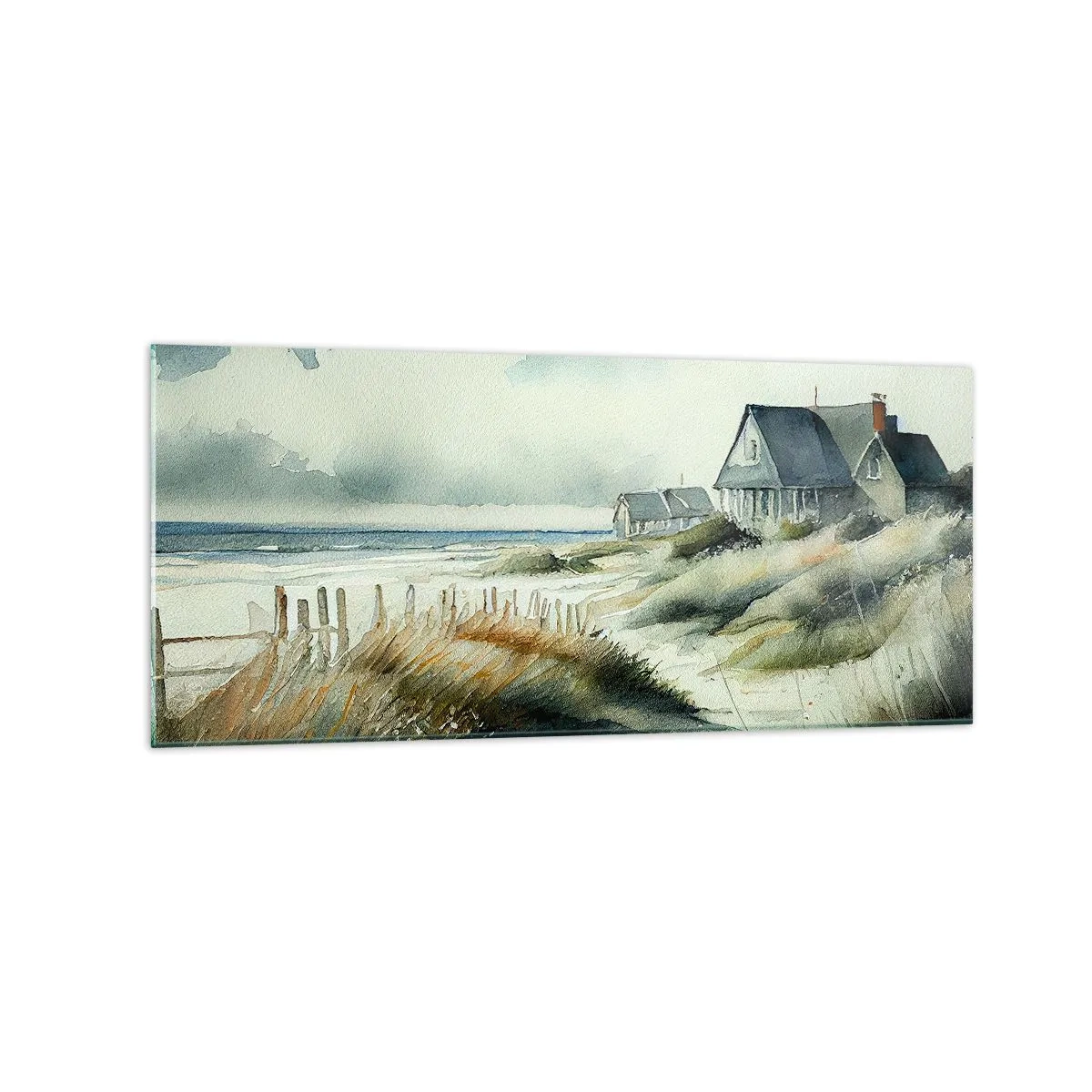 Impression sur verre - Image sur verre - Une maison de bord de mer entourée d'herbe et surplombant la mer - 120x50cm - Loin de l'agitation - Décoration murale moderne pour le salon et la chambre ARTTOR
