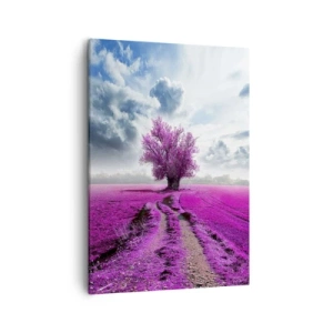 Impression sur toile - Image sur toile - Un arbre solitaire dans un champ dans une nuance de rose intense - 50x70cm - Lande - nature sauvage - Décoration murale moderne pour le salon et la chambre ARTTOR