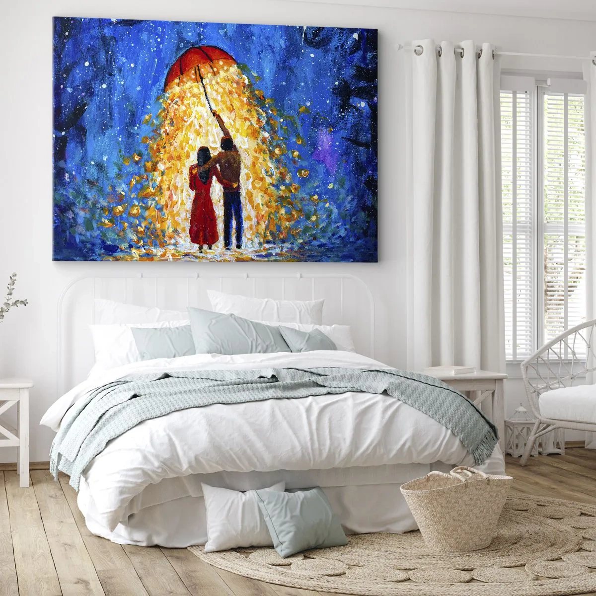 Impression sur toile - Image sur toile - Un couple sous un parapluie rouge sous la pluie lumineuse - 70x50cm - La magie d'une soirée pluvieuse ? - Décoration murale moderne pour le salon et la chambre ARTTOR