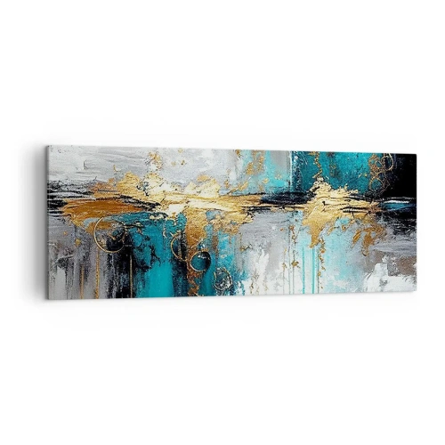Impression sur toile - Image sur toile - Une composition abstraite aux accents turquoise et dorés. - 140x50cm - Tout coule - Décoration murale moderne pour le salon et la chambre ARTTOR