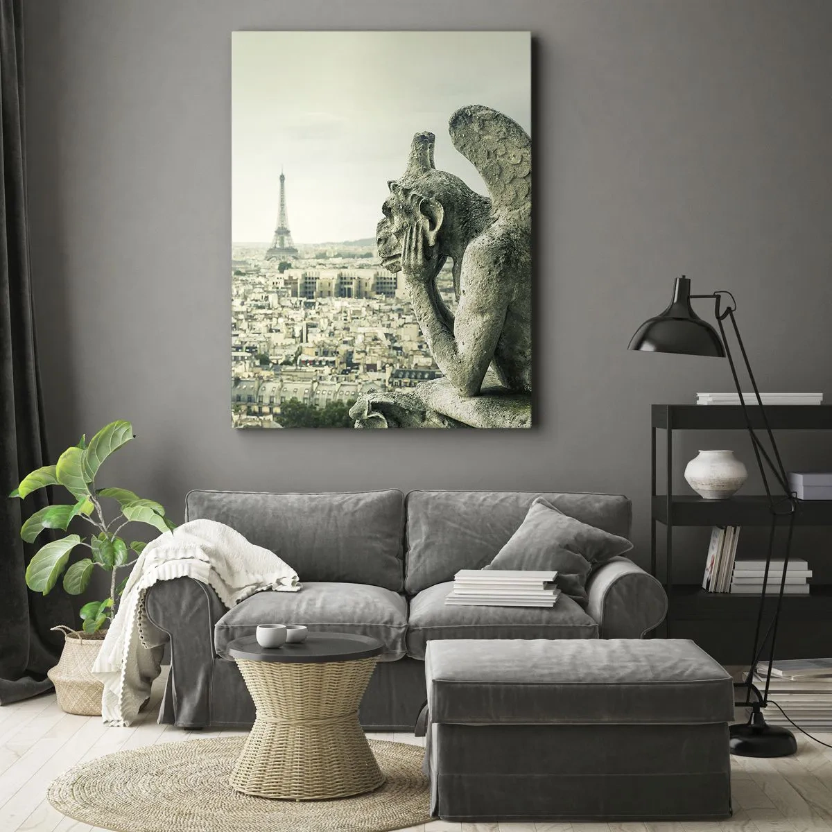 Impression sur toile - Image sur toile - Gargouilles surplombant les toits de Paris et la Tour Eiffel - 70x100cm - Bavardage parisien - Décoration murale moderne pour le salon et la chambre ARTTOR