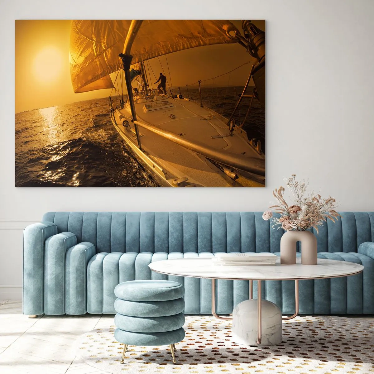 Impression sur verre - Image sur verre - Un voilier sur fond de soleil couchant - 70x50cm - Une soirée en por après une journée haute en couleurs - Décoration murale moderne pour le salon et la chambre ARTTOR