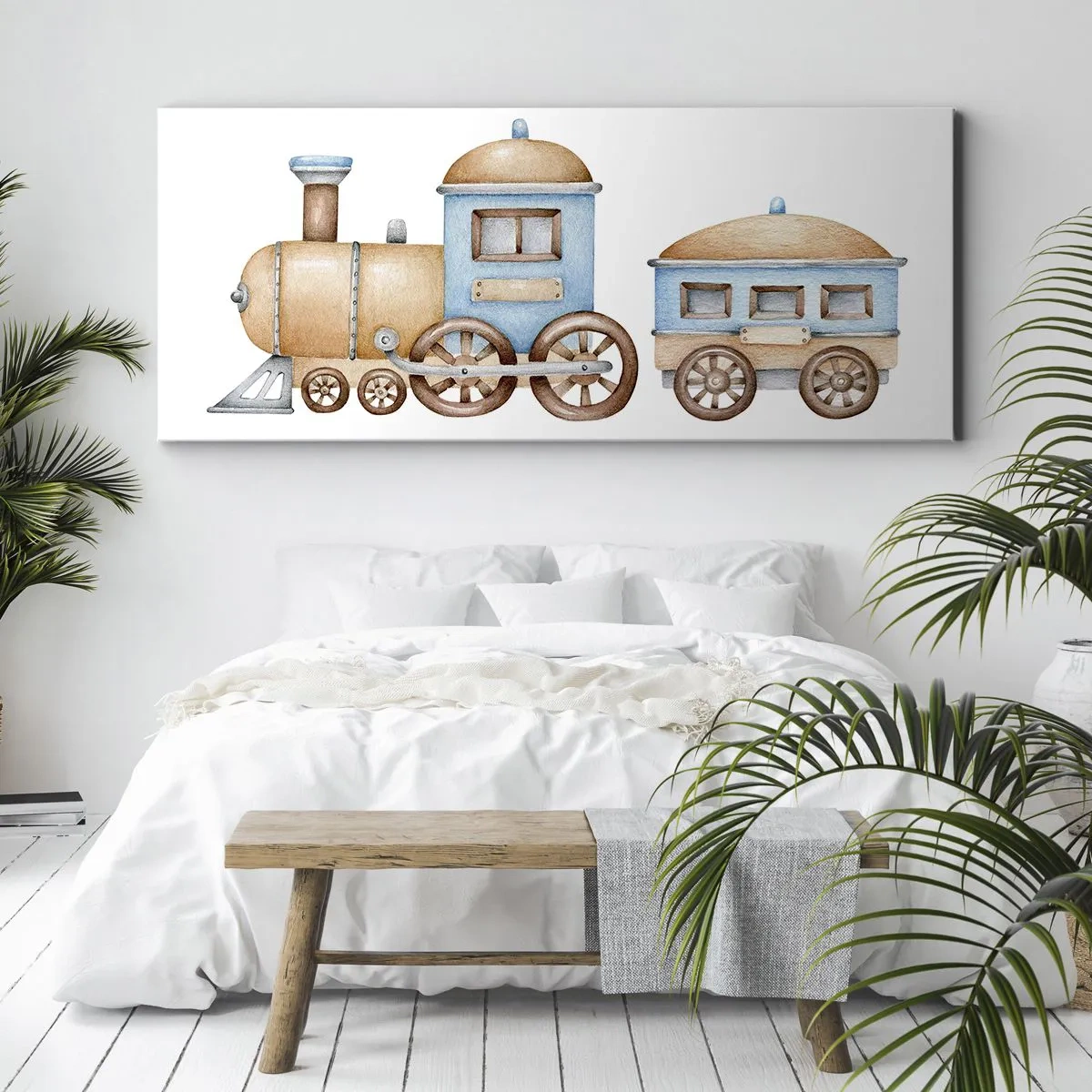 Impression sur toile - Image sur toile - Dessin d'un train aux tons pastel sur fond blanc - 120x50cm - Il est à la gare... - Décoration murale moderne pour le salon et la chambre ARTTOR