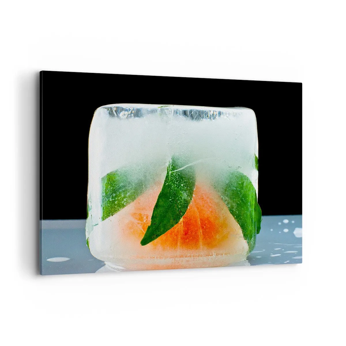 Impression sur toile - Image sur toile - Glaçon à l'orange et aux feuilles - 100x70cm - Fraîcheur et rafraîchissement - Décoration murale moderne pour le salon et la chambre ARTTOR